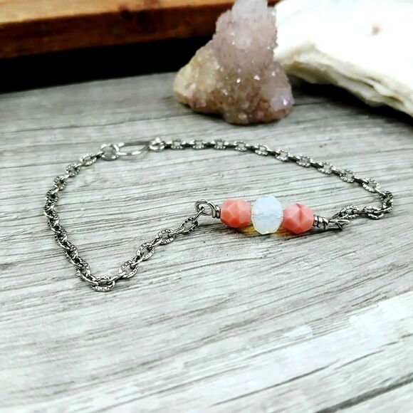 Czech Glass Beaded Anklet Bracelet, Pink Beaded Jewelry, 8" - Picture 1 of 4